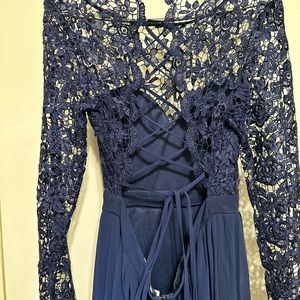 Navy Blue Lace Long-Sleeve Corset-Back Prom Dress
